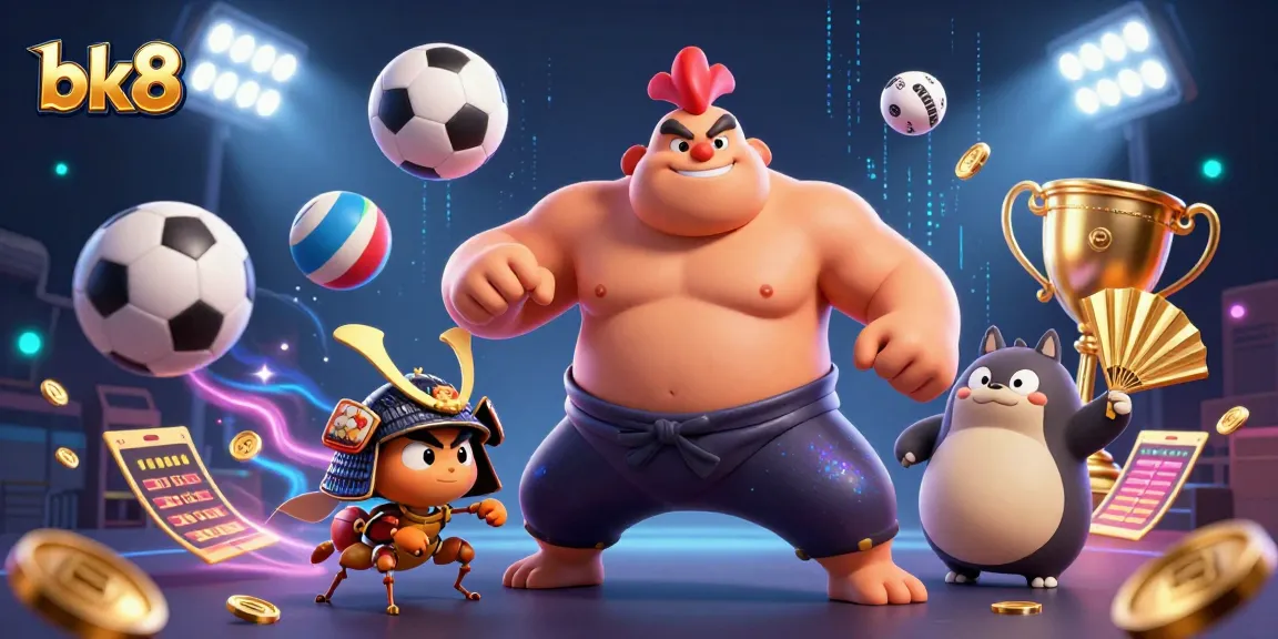 Experience the excitement of bk8 with a dynamic gaming scene featuring a sumo wrestler, samurai cricket, and tanuki announcer.