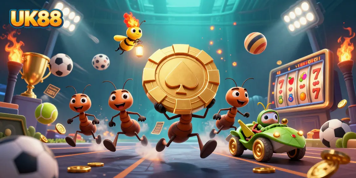 Experience UK88's thrilling heist with 3D ants and sports betting action in an engaging casino scene.