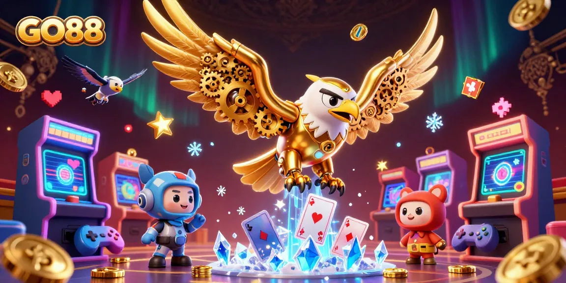 Experience the thrill of GO88 with a dynamic 3D illustration of a cybernetic eagle diving through casino-themed elements.