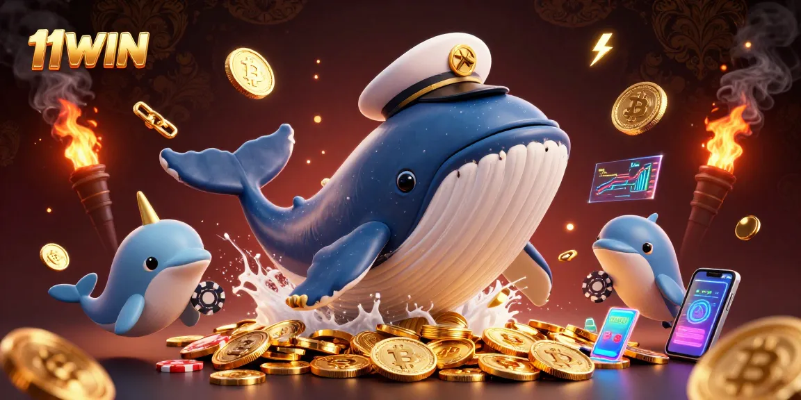 Experience thrilling gaming with 11WIN, featuring a whale mascot breaching through gold coins.