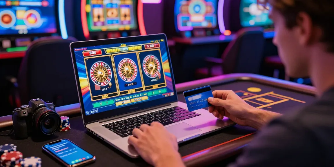 Exciting online gaming scene at https://transact.org.uk with player and credit card at vibrant casino.
