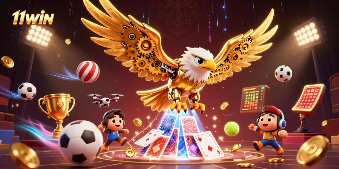 Experience the thrills of 11WIN with a vibrant scene of a cybernetic eagle amid sports elements.