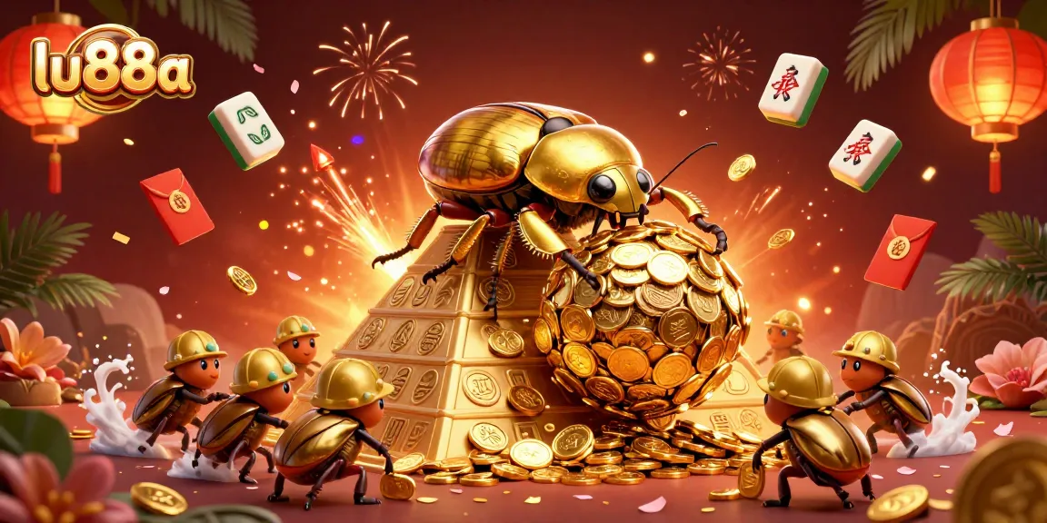 Experience the excitement of lu88a with golden beetles rolling coins amidst dynamic casino elements.