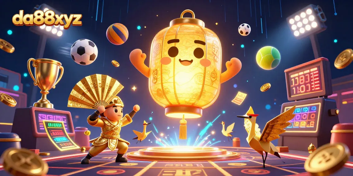Experience excitement with da88xyz featuring dynamic sports elements around a glowing lantern spirit.