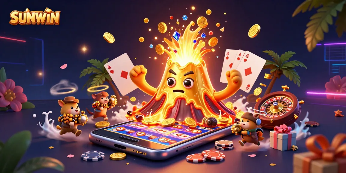 SUNWIN graces an exhilarating scene with a golden volcano and tiny explorers amidst a flurry of treasure, enhancing the gaming experience.