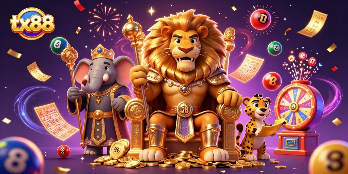 Join the tx88 excitement as a lion king rules the vibrant casino scene filled with colorful lottery elements.
