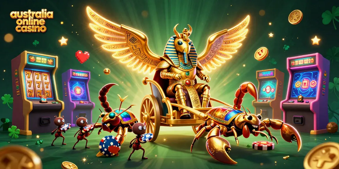 Crowd around the vibrant scene at australia online casino featuring a colossal golden scarab beetle in pharaoh armor