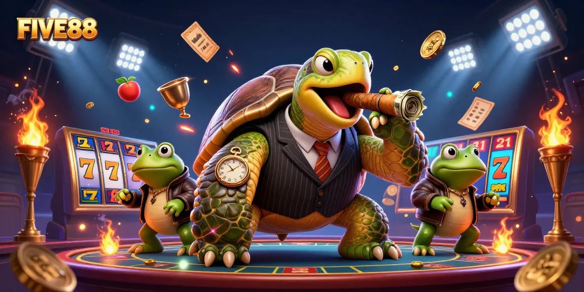 Engage in thrilling games with FIVE88 featuring a dynamic casino scene illustrating fun elements and characters.