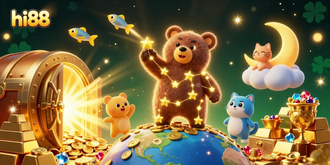 Win big with hi88, where a constellation bear scoops up coins amidst a magical casino backdrop.
