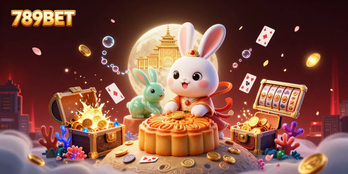 Experience thrilling gameplay with 789BET as moon rabbits reveal poker chips amidst a vibrant casino scene.