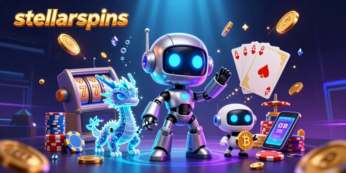 Spin the reels of stellarspins with a vibrant cyberpunk robot and lucky symbols, engaging in exciting gameplay.