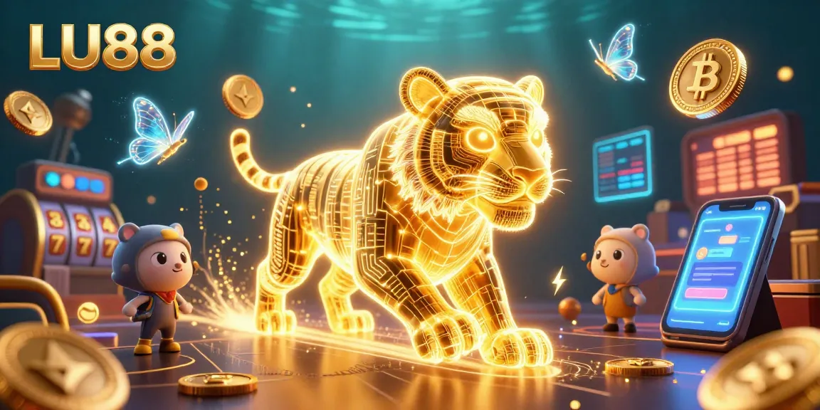 Experience gambling excitement with LU88 in a vibrant digital casino featuring a glowing golden tiger and crypto elements.