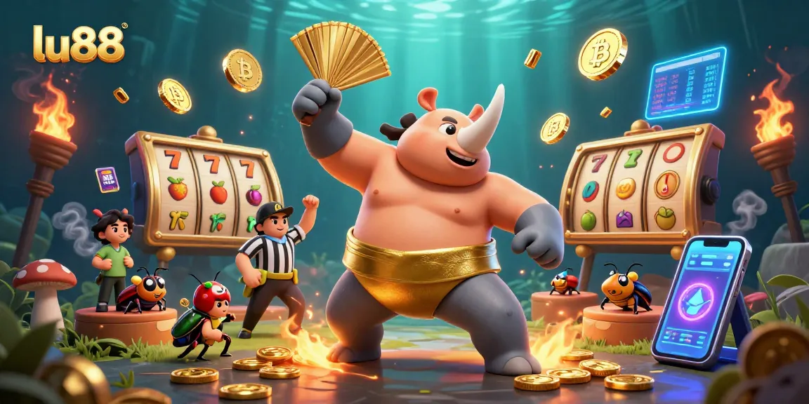 Experience thrilling gameplay at lu88 with a dynamic 3D cartoon scene showcasing exciting slot reels and gold coins.