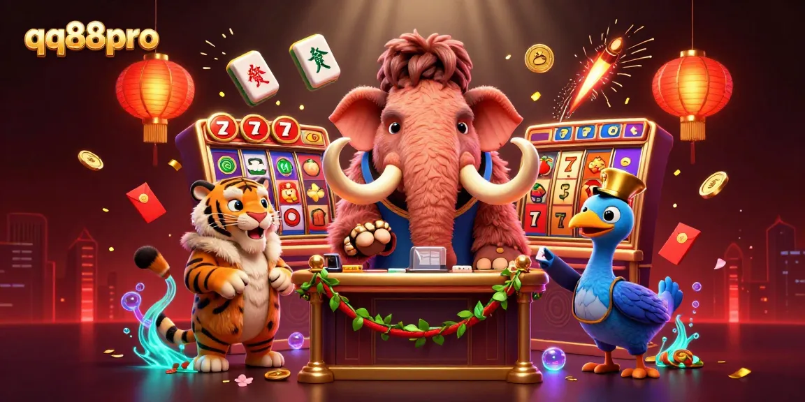 Experience excitement at qq88pro with a woolly mammoth checking IDs at a vibrant casino illustrated door.