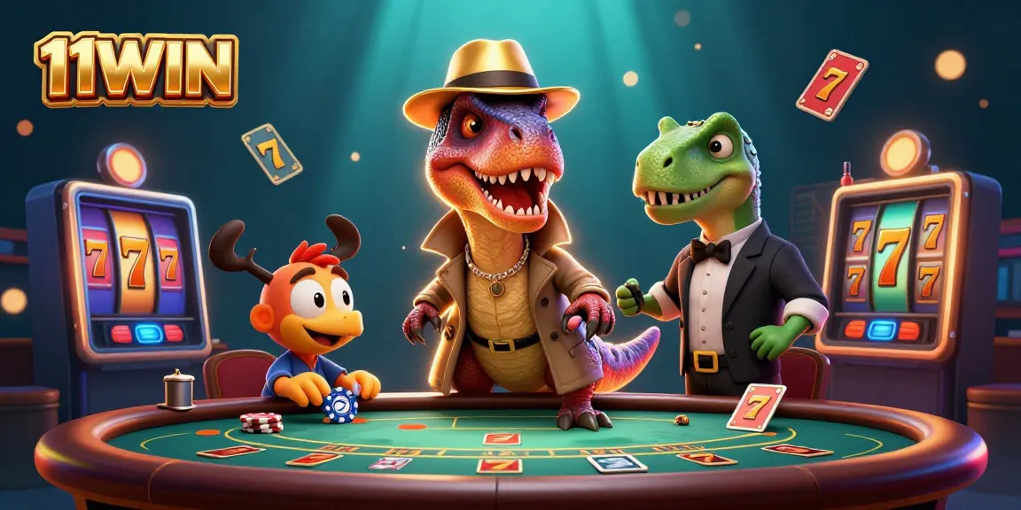 Engaging 11WIN scene depicting cartoon characters at a lively blackjack table with vibrant casino elements.