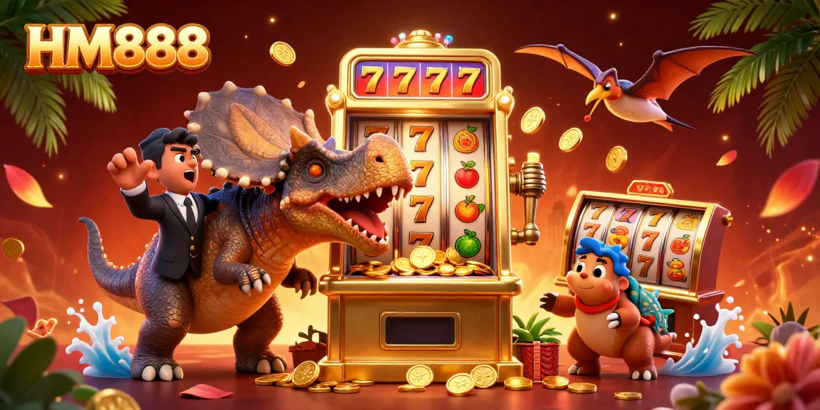 Experience the thrill of HM888 as a pachycephalosaurus wins jackpots, with coins flying around a lively casino scene!