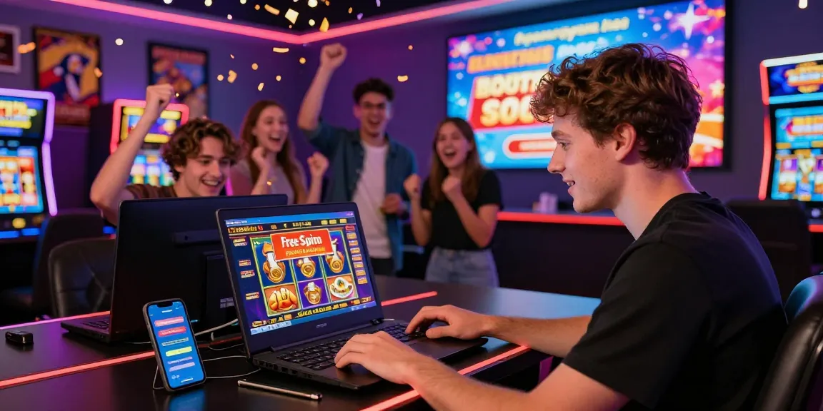 Engaging scene of free spins on registration uk offer with enthusiastic players enjoying online slots and celebrating wins.