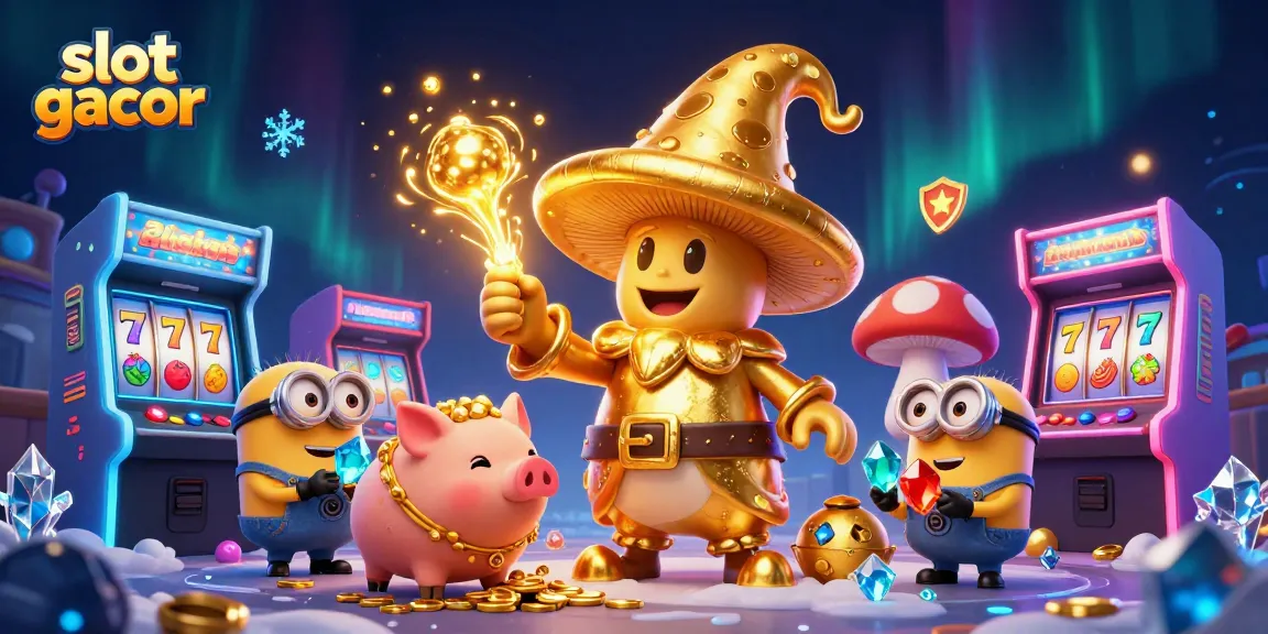 Engage with slot gacor excitement as magical characters channel gold amidst vibrant casino elements.
