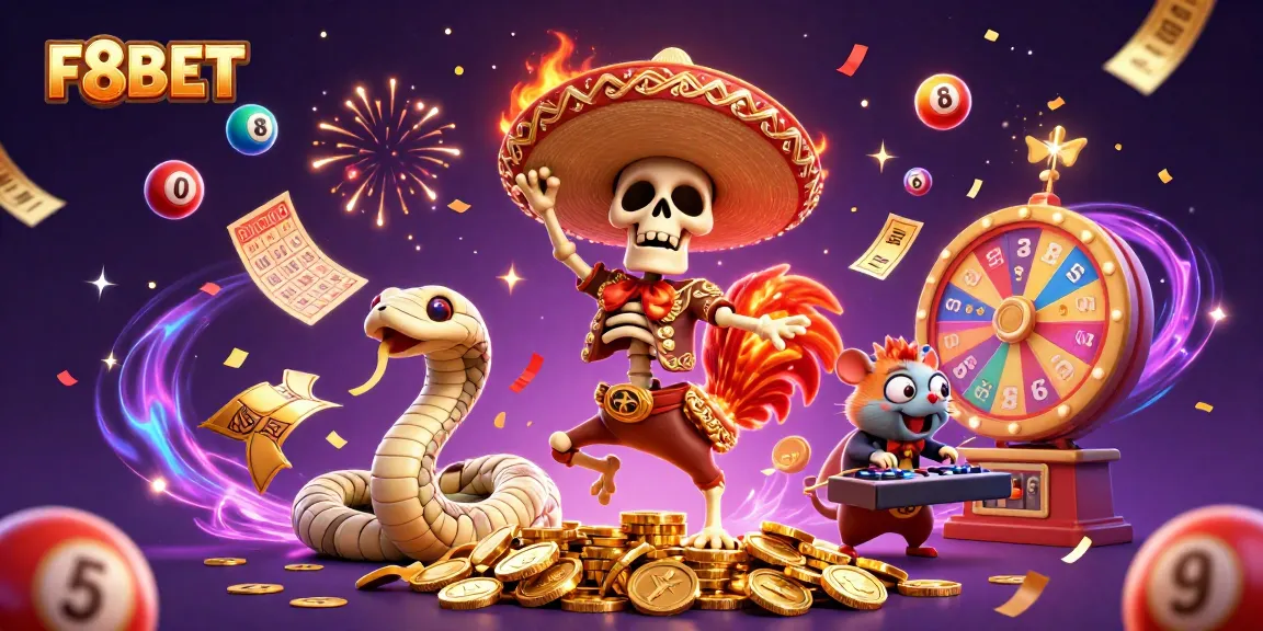Experience F8BET's lively celebration with characters amidst lottery excitement and dazzling casino elements.