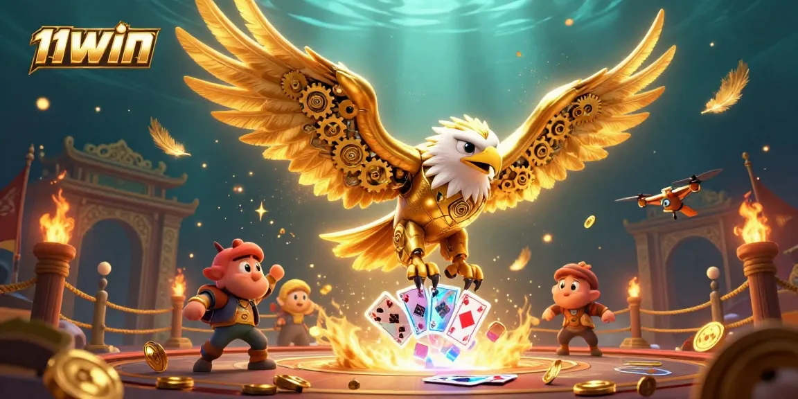 Experience the thrill of 11WIN with a cybernetic eagle soaring through a vibrant casino-themed scene.