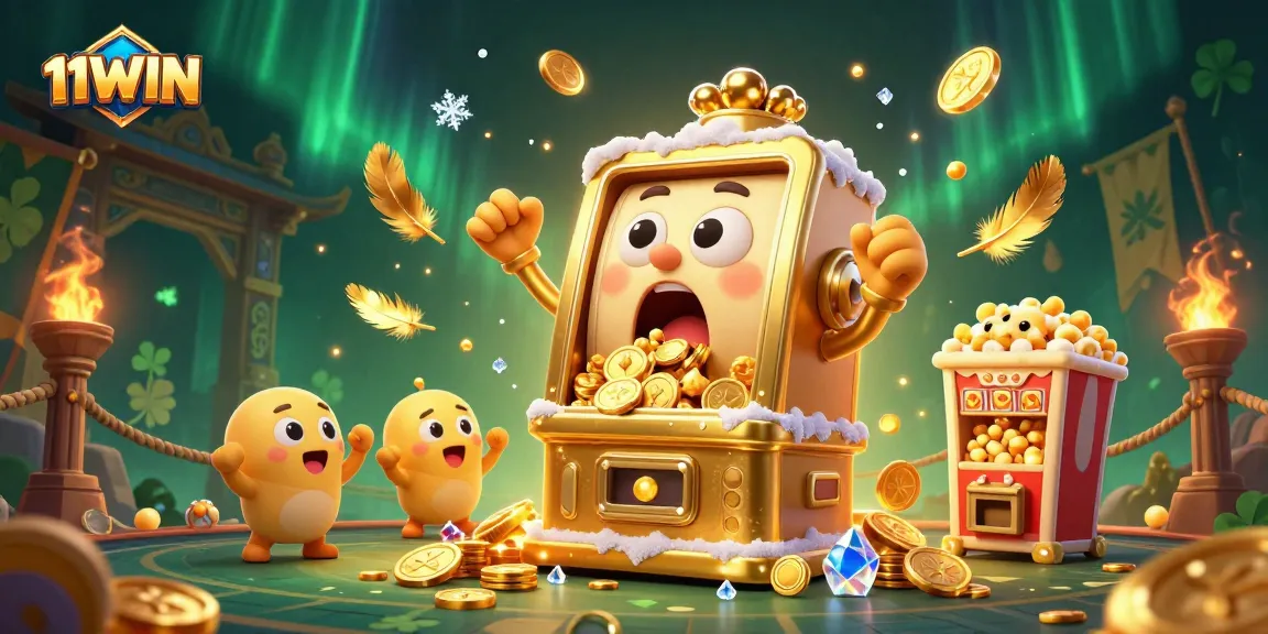 Celebrate wins with 11WIN in an exciting casino scene featuring golden slot machines and vibrant elements.