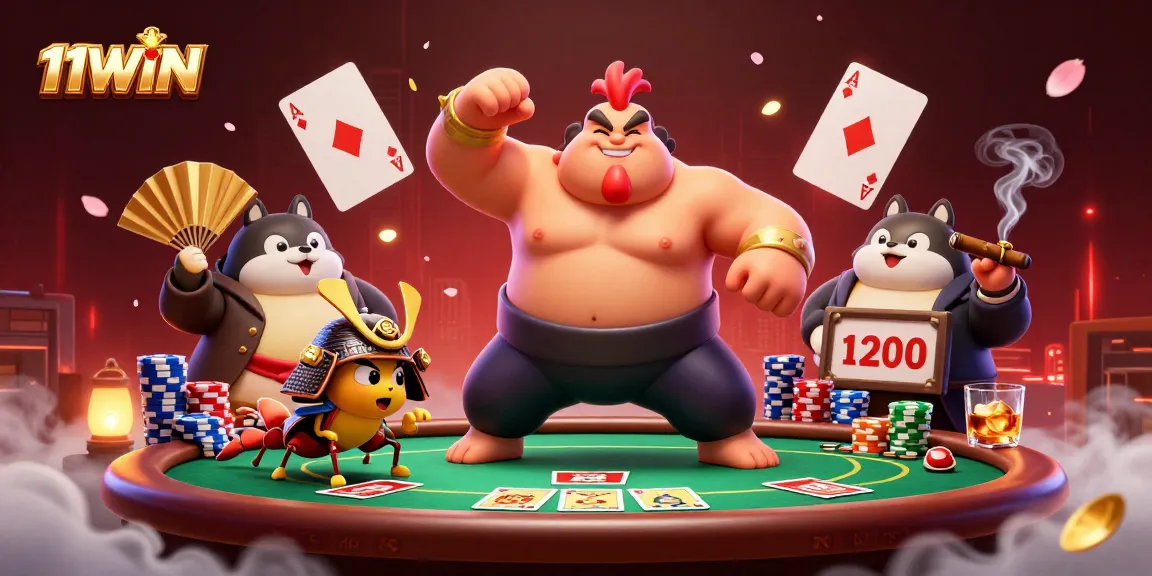 Experience thrilling poker action with 11WIN's vibrant characters and dynamic casino elements.