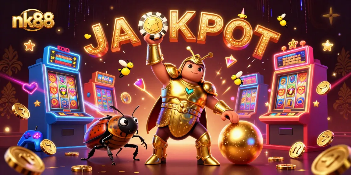 nk88 celebrates victory in online casino with vibrant characters and slot machines