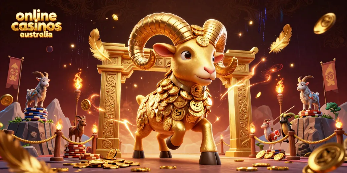 Engage with the excitement of online casinos Australia where a golden ram charges through a vibrant gaming arena.
