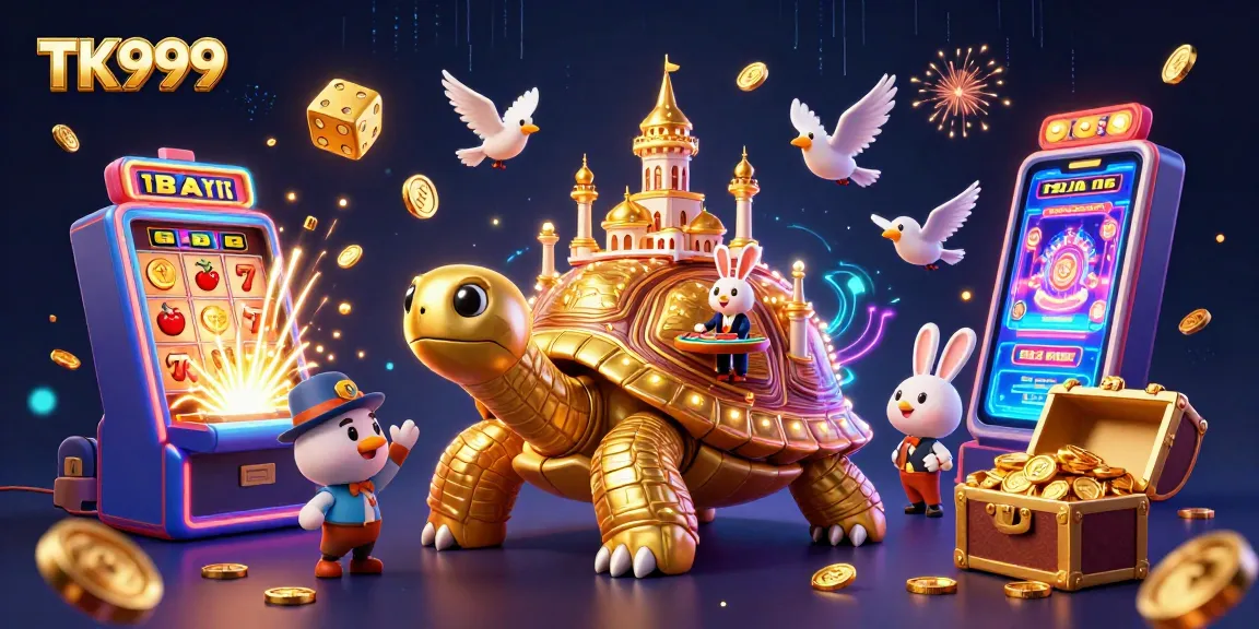 TK999 features vibrant 3D casino scene with dynamic tortoise, dealer, and coins flying.