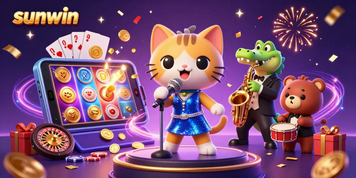Join the fun at sunwin casino with vibrant gaming elements and lively characters in a dazzling scene.