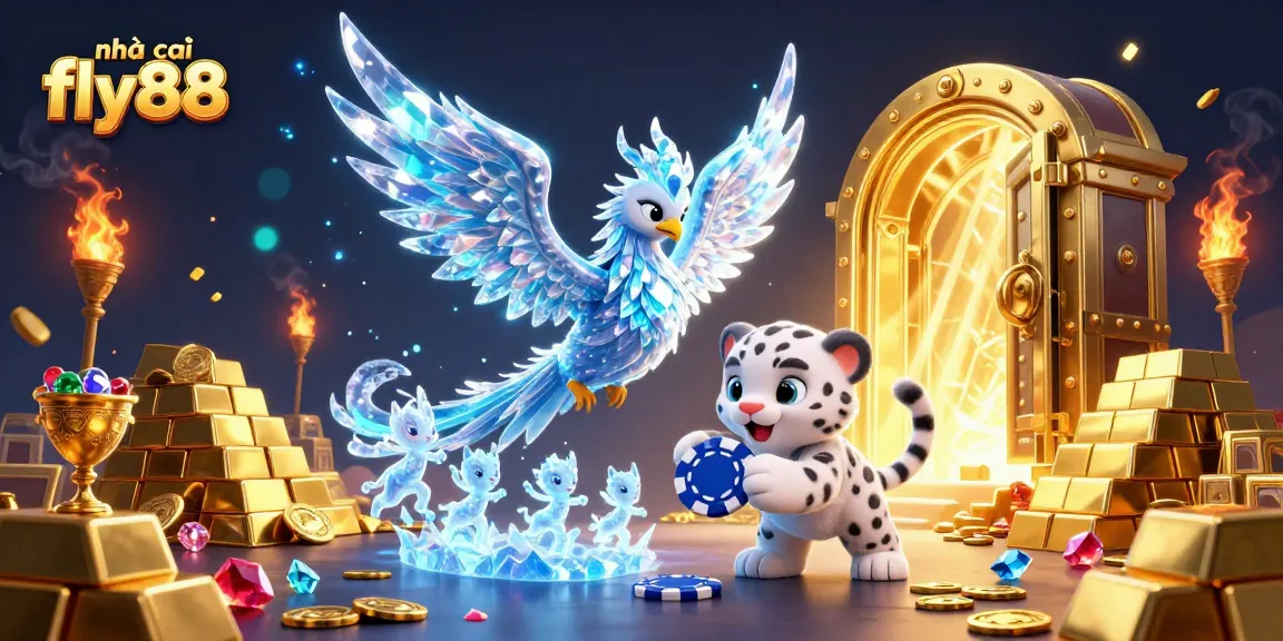 Engaging scene of nhà cái fly88 highlighting an ice phoenix with gold treasures and animated sprites.