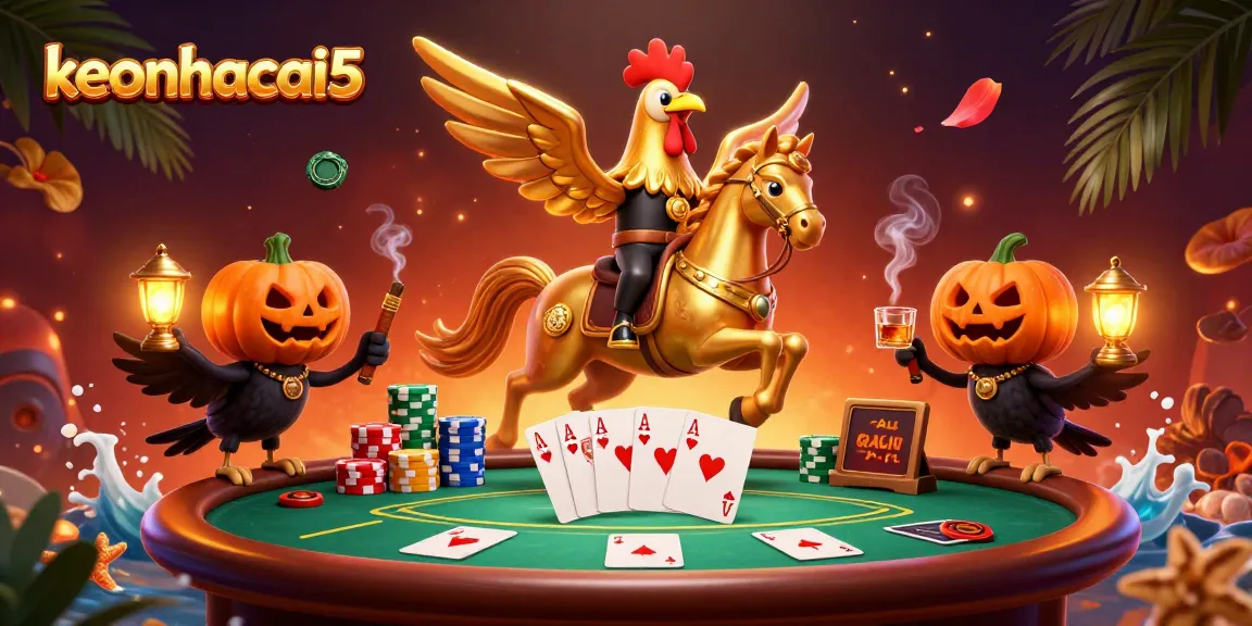 Experience the excitement of keonhacai5 with dynamic golden rooster characters in an animated casino.