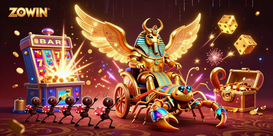 ZOWIN's vibrant casino adventure, showcasing a golden scarab beetle and scorpions amidst a jackpot frenzy.